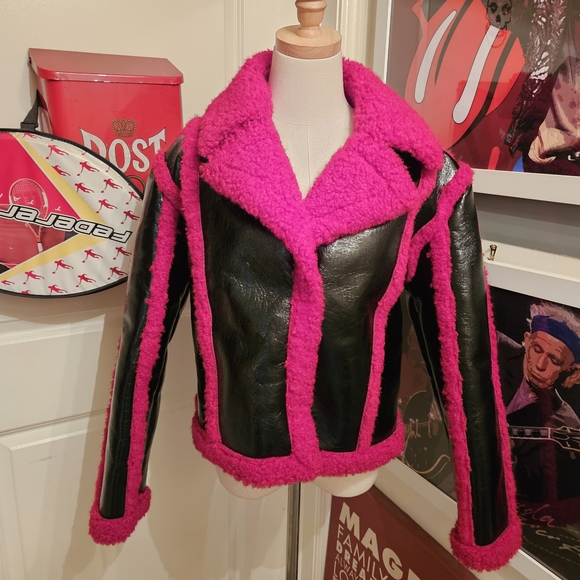 7 For All Mankind Jackets & Blazers - 7 For All Mankind Black Faux Leather Jacket with Red Sherpa Trim